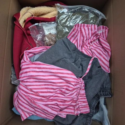 LARGE BOX OF APPROXIMATELY 25 ASSORTED CLOTHING ITEMS IN VARIOUS COLOURS, STYLES AND SIZES - COLLECTION ONLY
