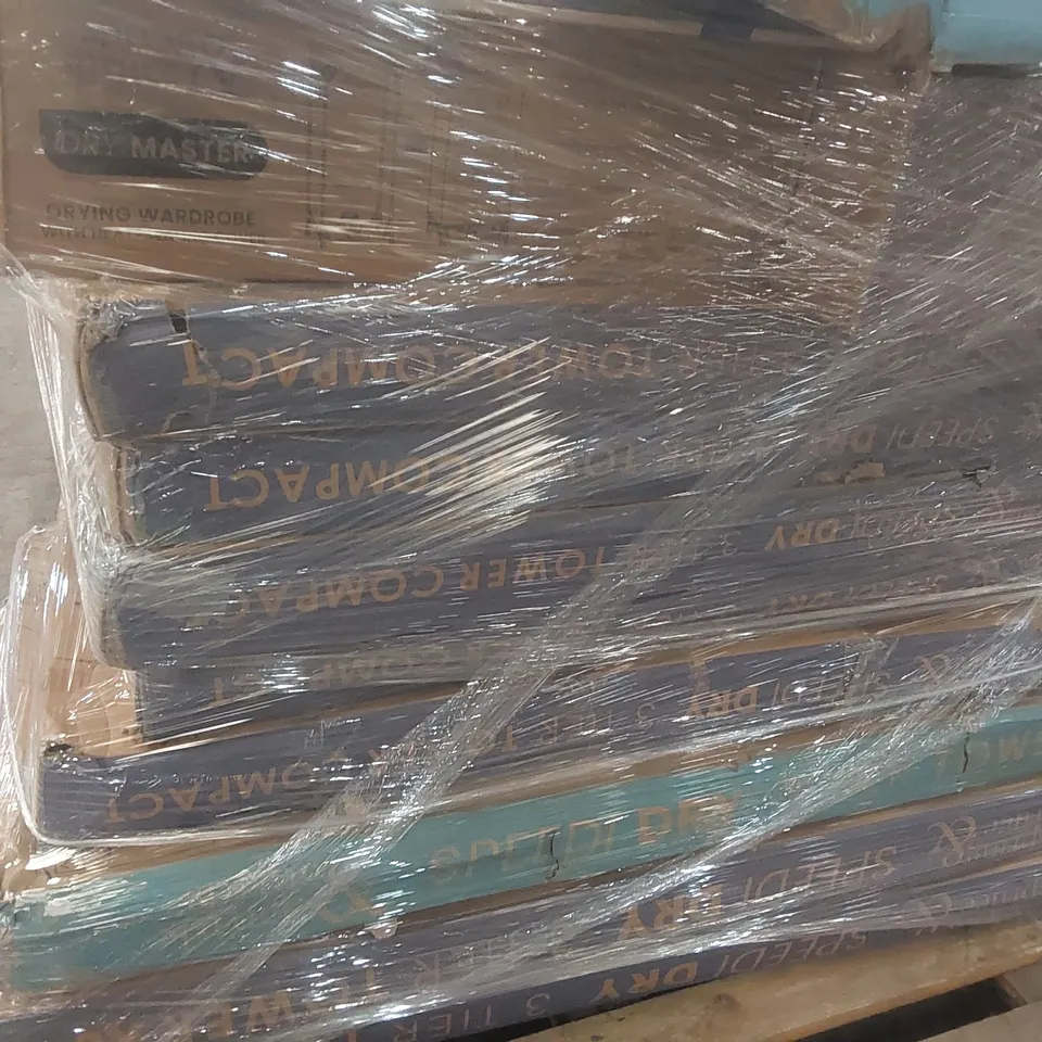 PALLET CONTAINING A VERY LARGE QUANTITY OF ASSORTED ITEMS INCLUDING: SPRING & SPRUCE SPEEDI DRY CLOTHES AIRERS, SMART AIR TOWER FAN & PURIFIERS, DRYING WARDROBE ECT