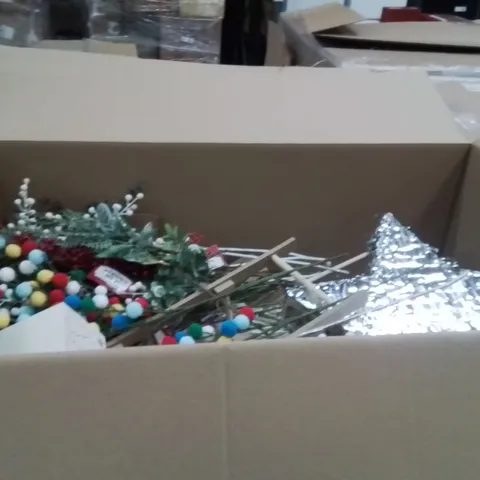 PALLET CONTAINING A LARGE QUANTITY OF ASSORTED CHRISTMAS DECORATIONS AND PRODUCTS TO INCLUDE;WREATH,CHRISTMAS GIFT BOX,FLORAL STEMS