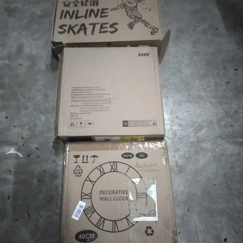 PALLET OF HOUSEHOLD ITEMS TO INCLUDE INLINE SKATES,CAT SCRATCHER, WALL CLOCK, BOOSTER SEAT AND OTHER ASSORTED ITEMS...