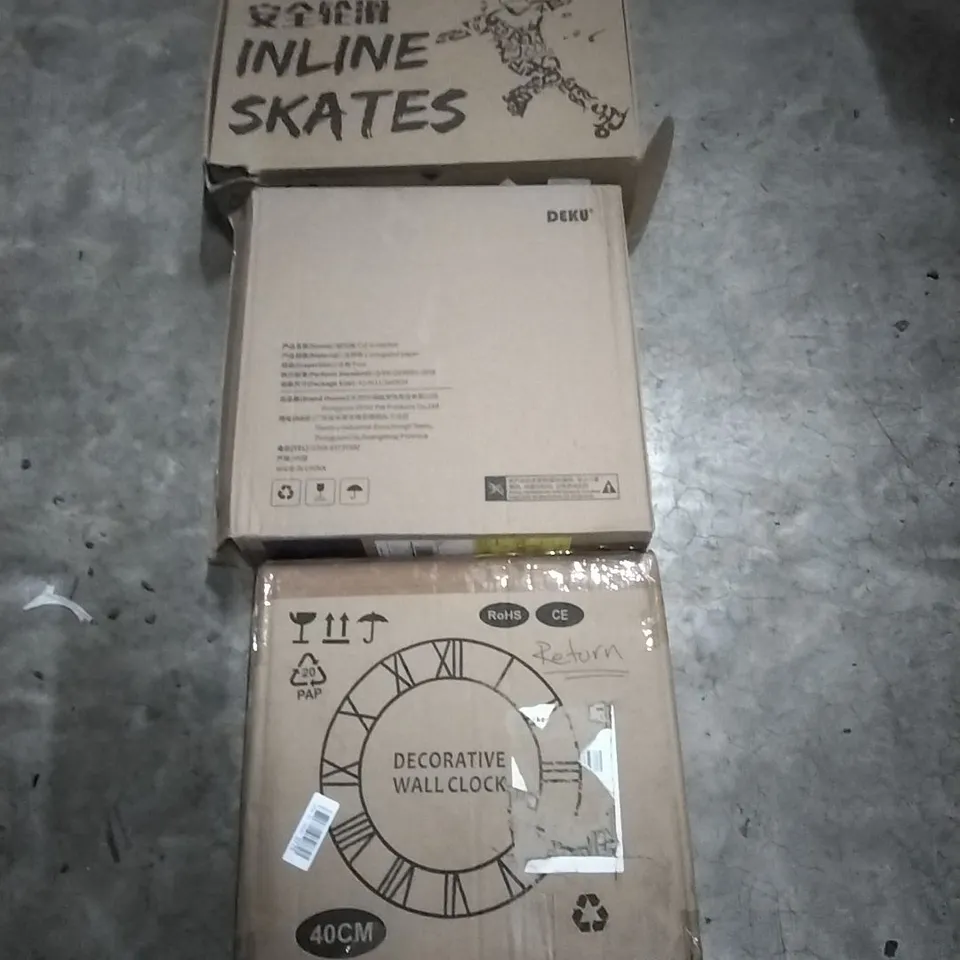 PALLET OF HOUSEHOLD ITEMS TO INCLUDE INLINE SKATES,CAT SCRATCHER, WALL CLOCK, BOOSTER SEAT AND OTHER ASSORTED ITEMS...