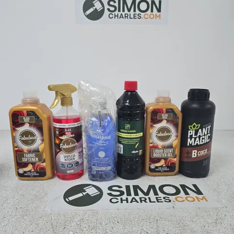 APPROXIMATELY 10 ASSORTED ITEMS INCLUDING FABULOSA FABRIC SOFTENER, FABULOSA SPOTLESS KITCHEN AND METHOD GLASS CLEANER