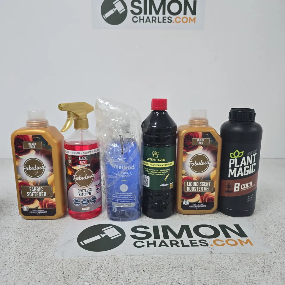 APPROXIMATELY 10 ASSORTED ITEMS INCLUDING FABULOSA FABRIC SOFTENER, FABULOSA SPOTLESS KITCHEN AND METHOD GLASS CLEANER