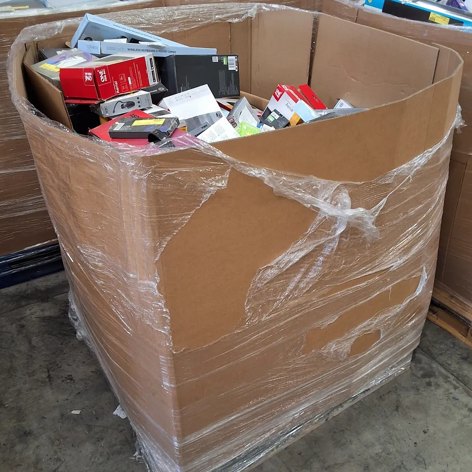PALLET CONTAINING ASSORTED ELECTRICAL RETURNS INCLUDING BLUETOOTH PARTY SPEAKER, GAMING KIT, OLED UNIVERSAL TV WALL MOUNT, 25W COMPACT SOUNDBAR, AERIAL & DASH CAM