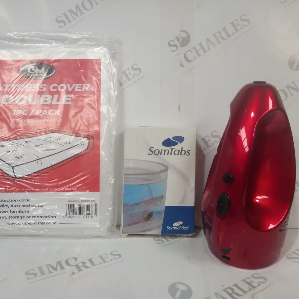 BOX OF APPROXIMATELY 15 ASSORTED HOUSEHOLD ITEMS TO INCLUDE MATTRESS COVER DOUBLE, SOMNOMED SOMTABS, ETC