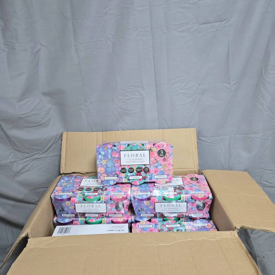 BOX OF APPROXIMATELY 11 3 PACKS OF FLORAL DEHUMIDIFIERS  