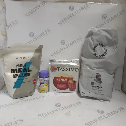 BOX OF APPROX 6 ASSORTED FOOD ITEMS TO INCLUDE - MY PROTEIN PROTEIN MEAL REPLACEMENT - TASSIMO KENCO AMERICANO GRANDE - NUTRICIA FORTISIP ECT