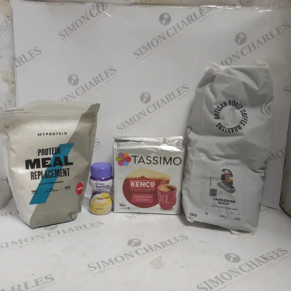 BOX OF APPROX 6 ASSORTED FOOD ITEMS TO INCLUDE - MY PROTEIN PROTEIN MEAL REPLACEMENT - TASSIMO KENCO AMERICANO GRANDE - NUTRICIA FORTISIP ECT