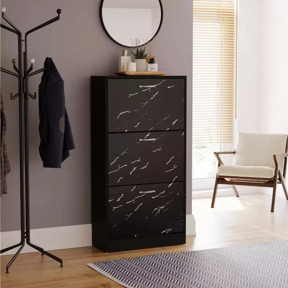 BOXED VIDA DESIGNS 3 DRAWER SHOE CABINET, BLACK MARBLE EFFECT