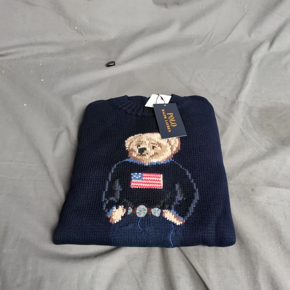POLO RALPH LAUREN NAVY KNIT JUMPER WITH US FLAG EMBROIDERY – TAG ATTACHED - SIZE L