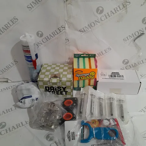 TOTE OF ASSORTED HOUSEHOLD ITEMS TO INCLUDE SCRUB DADDY, SWISS PEALER AND UNIBOND