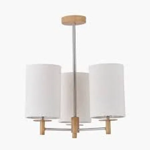 BOXED PACIFIC LIFESTYLE BONHAM 3 LIGHT WHITE FABRIC SHADE NATURAL WOOD AND SILVER METAL PENDANT LIGHT