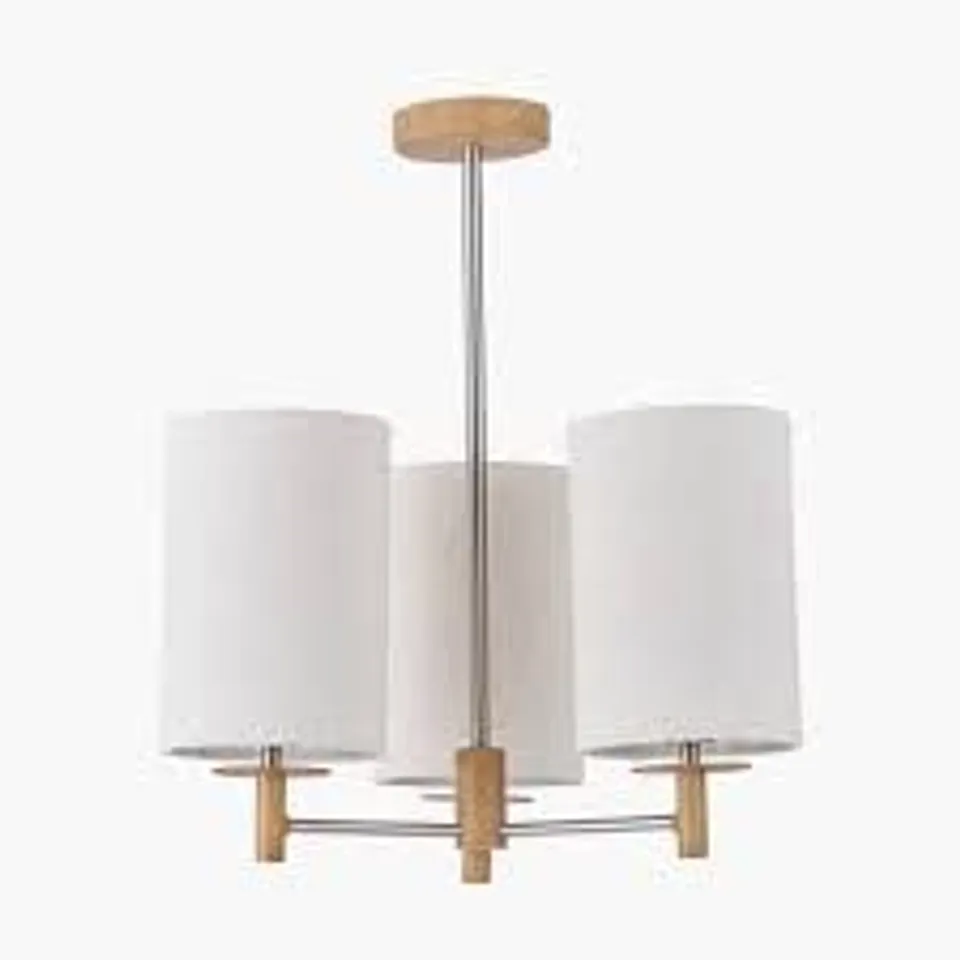 BOXED PACIFIC LIFESTYLE BONHAM 3 LIGHT WHITE FABRIC SHADE NATURAL WOOD AND SILVER METAL PENDANT LIGHT