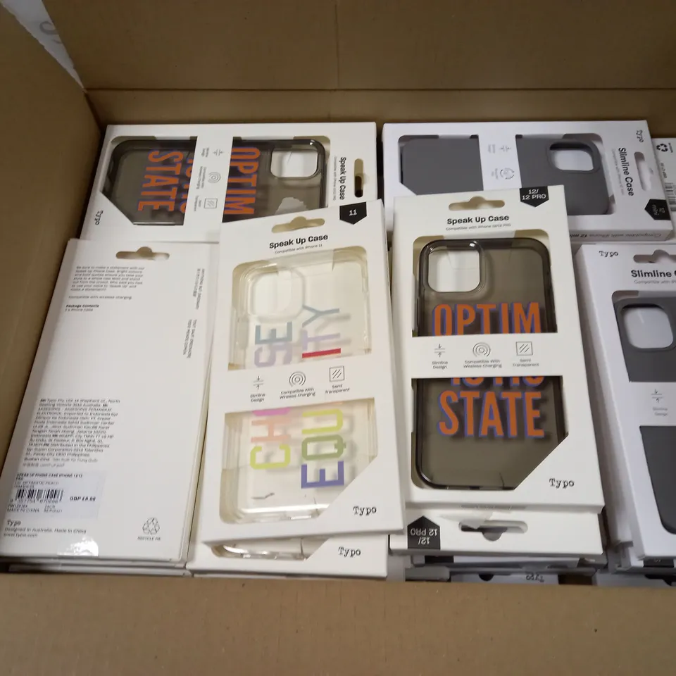 BOX OF APPROXIMATELY 50 TYPO PHONES CASES ('SLIMLINE CASE' & 'SPEAK UP CASE') FOR IPHONE 11, 12 MINI, 12/12PRO IN VARYING COLOURS