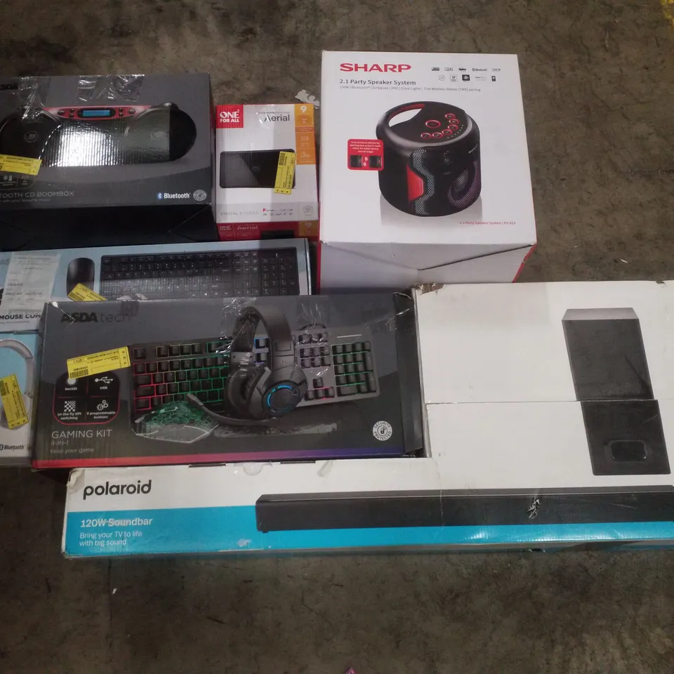 PALLET CONTAINING ASSORTED ELECTRICAL RETURNS INCLUDING PARTY SPEAKER SYSTEM, 120W SOUNDBAR, 4-IN-1 GAMING SET, WIRELESS HEADPHONES & AERIAL