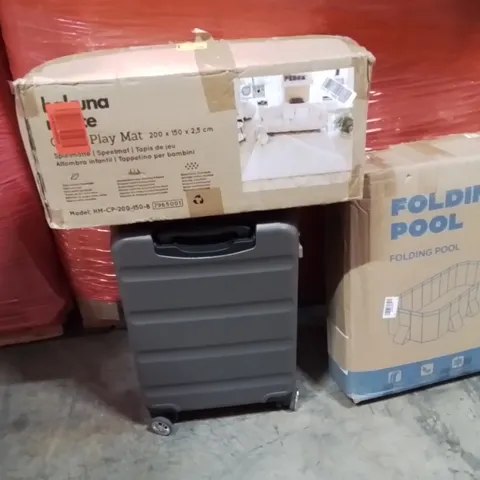 PALLET OF ASSORTED HOUSEHOLD GOODS AND PRODUCTS TO INCLUDE; BABY PLAY MAT,FOLDING POOL,SUITCASE