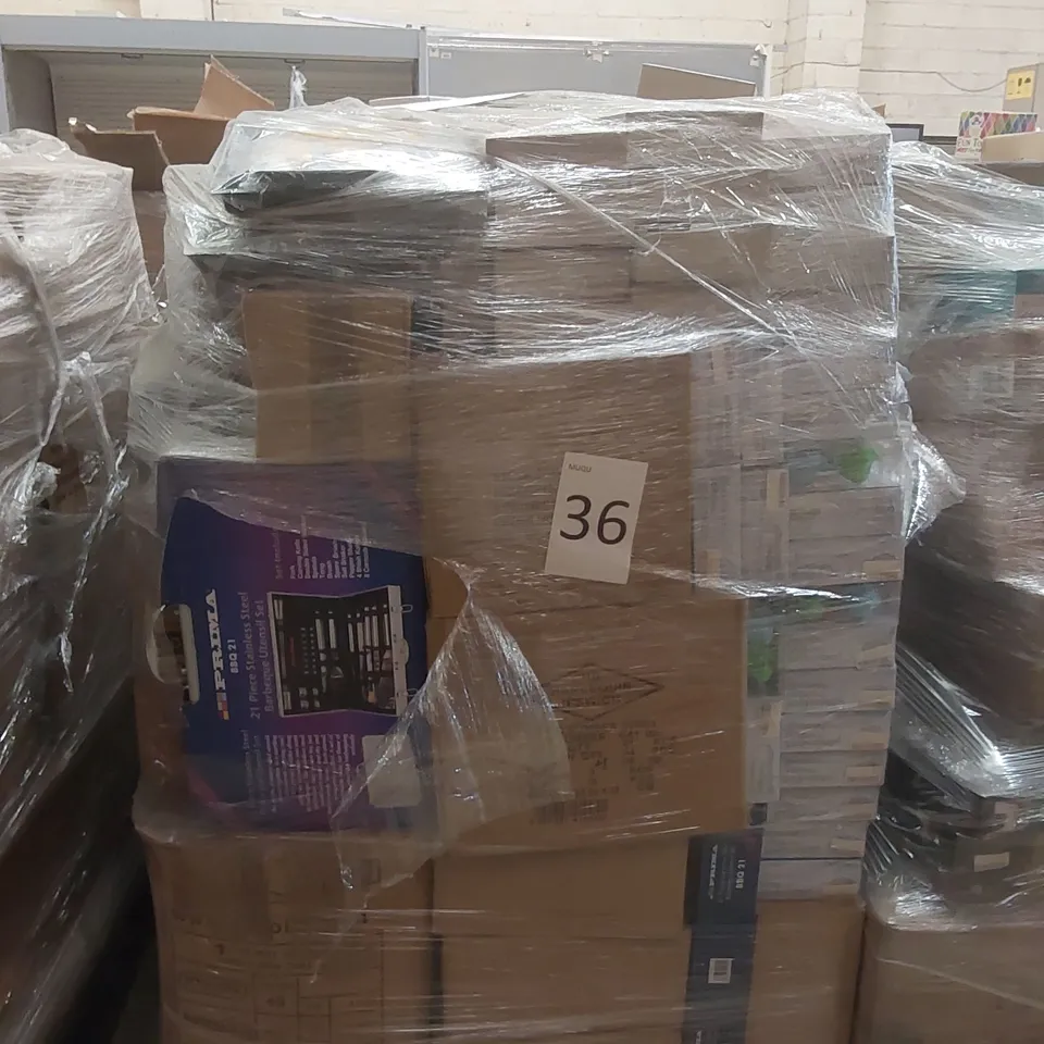 PALLET TO CONTAINING A VERY LARGE QUANTITY OF ASSORTED ITEMS INCLUDING: RUBBER DUCKS, VACUUM BAG HANGERS, 21 PIECE BBQ UTENSILS SETS, STANLEY PAINTING KITS ECT
