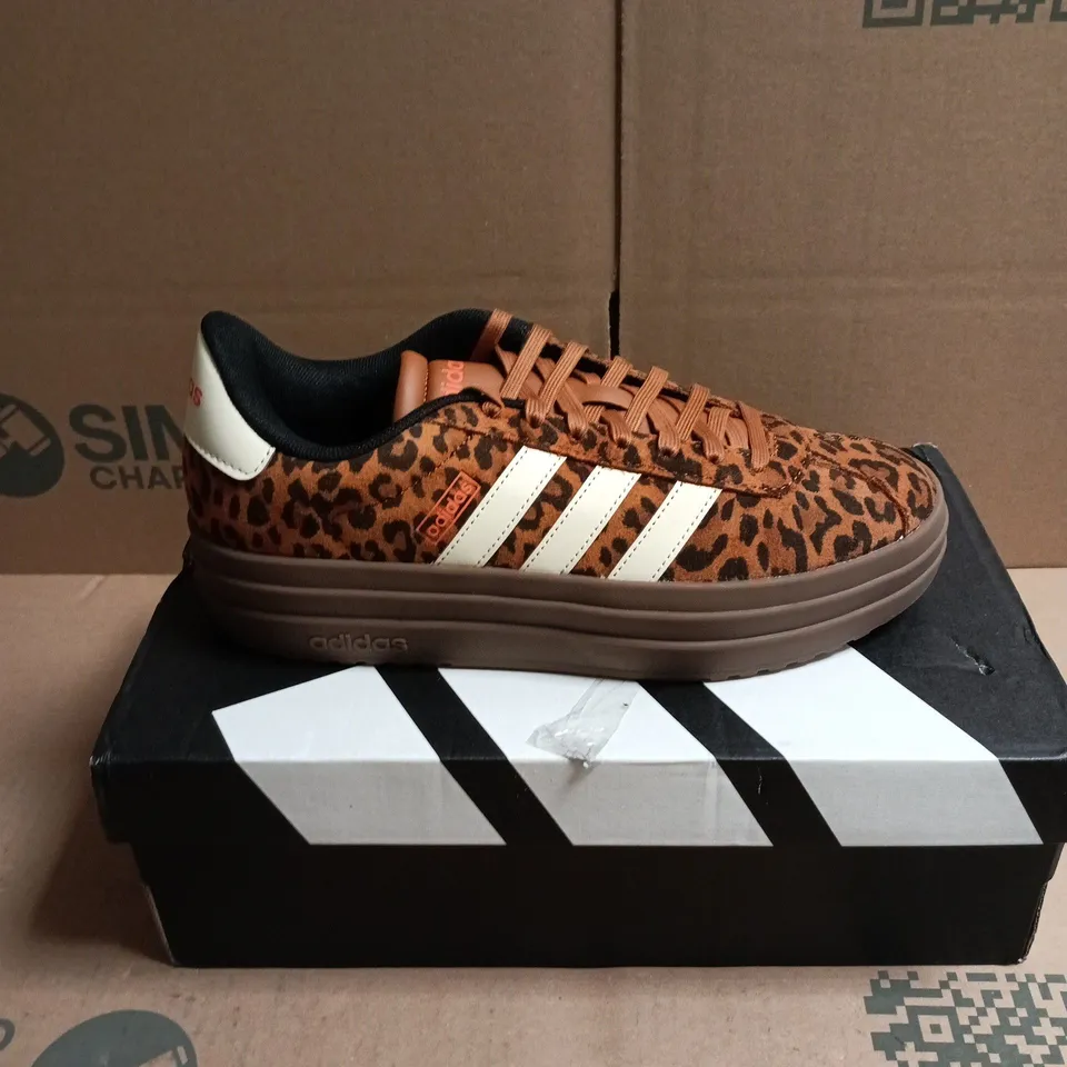 BOXED PAIR OF ADIDAS WOMENS VL COURT LEOPARD TRAINERS - 6