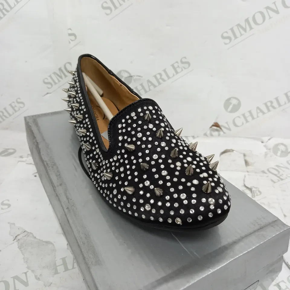 CASANDRA BLACK SATIN LOW SPIKED SHOES - SIZE 6