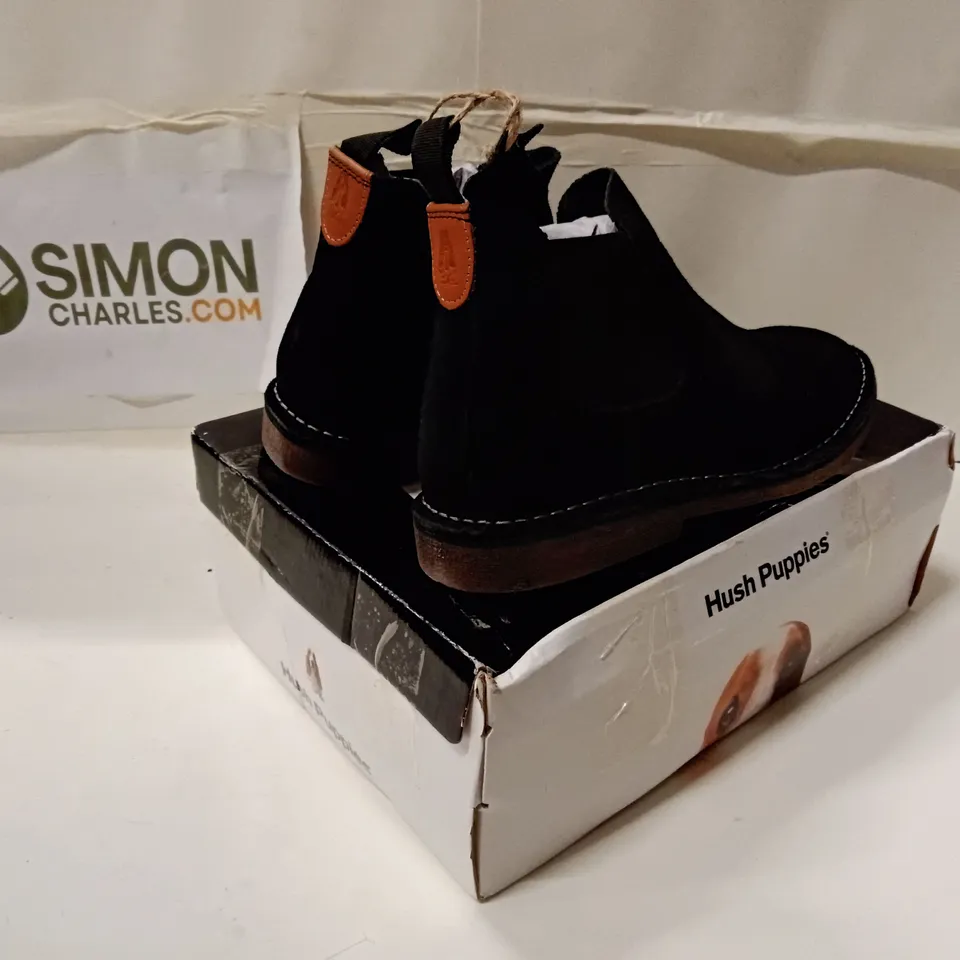 BOXED HUSH PUPPIES MEN’S SHAUN SUEDE CHELSEA BOOTS – BLACK, UK 9