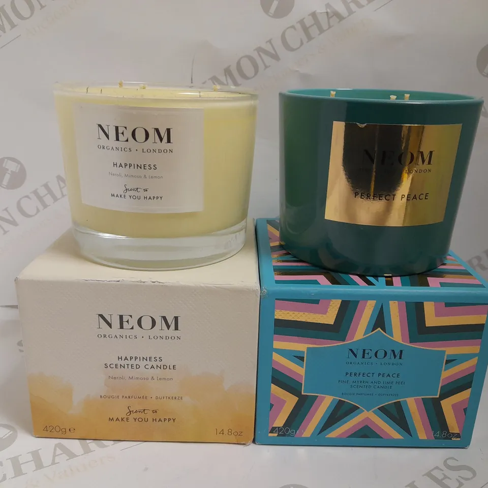 TWO NEOM SCENTED CANDLES TO INCLUDE PERFECT PEACE AND HAPPINESS