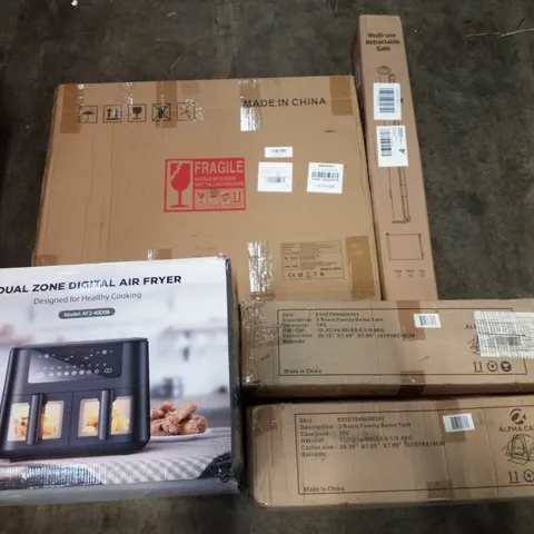 PALLET CONTAINING ASSORTED PRODUCTS INCLUDING LED MAKEUP MIRROR, DIGITAL AIR FRYER, RETRACTABLE GATE, 3 ROOM FAMILY DOME TENTS