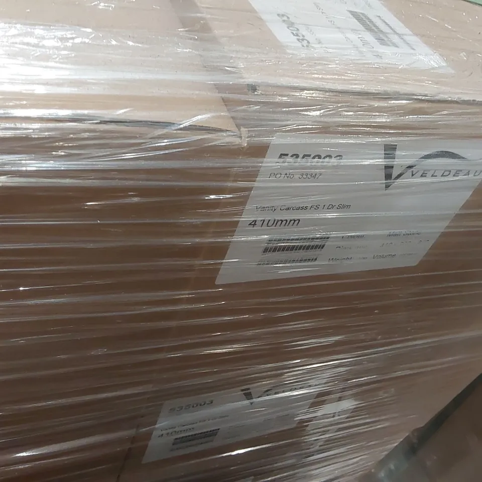 PALLET CONTAINING A LARGE QUANTITY OF ASSORTED BATHROOM FURNITURE PARTS INCLUDING: VELDEAU VANITY CARCASSES ECT