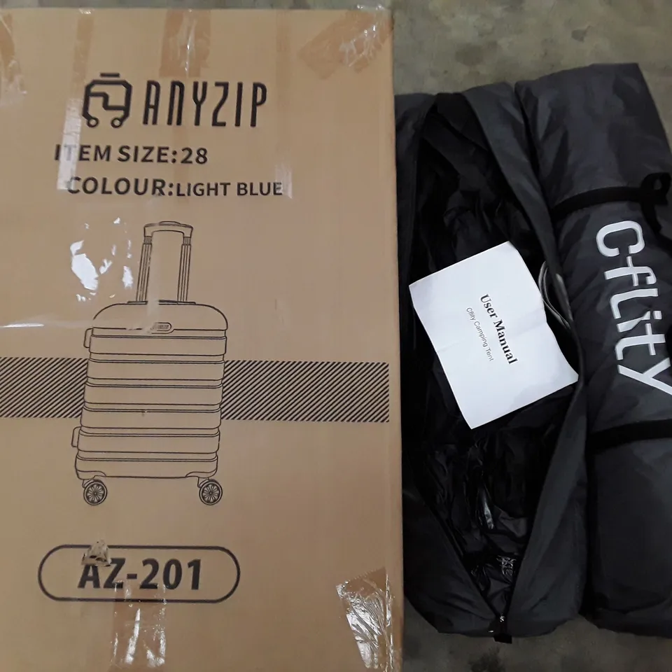 PALLET OF ASSORTED HOUSEHOLD ITEMS TO INCLUDE FOLDING EXERCISE BIKE, DUMBBELL BENCH, WHEELED LUGGAGE AND CAMPING TENTS