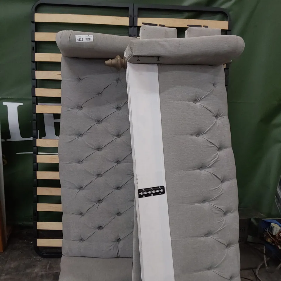 DESIGNER 5' KINGSIZE WINGED BED FRAME BUTTONED GREY PLUSH FABRIC