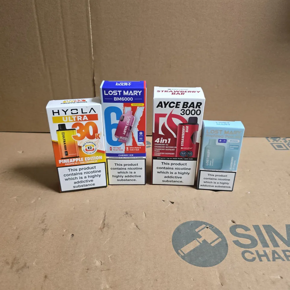 LOT OF APPROXIMATELY 20 ASSORTED ELECTRONIC CIGARETTE ITEMS TO INCLUDE HYOLA ULTRA, AYCE BAR AND LOST MARY REFILLED PODS