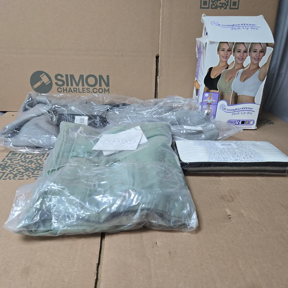 BOX OF APPROXIMATELY 20 ASSORTED HOUSEHOLD ITEMS TO INCLUDE CLOTHING, PURSE, COMFORTISSE PUSH UP BRAS ETC