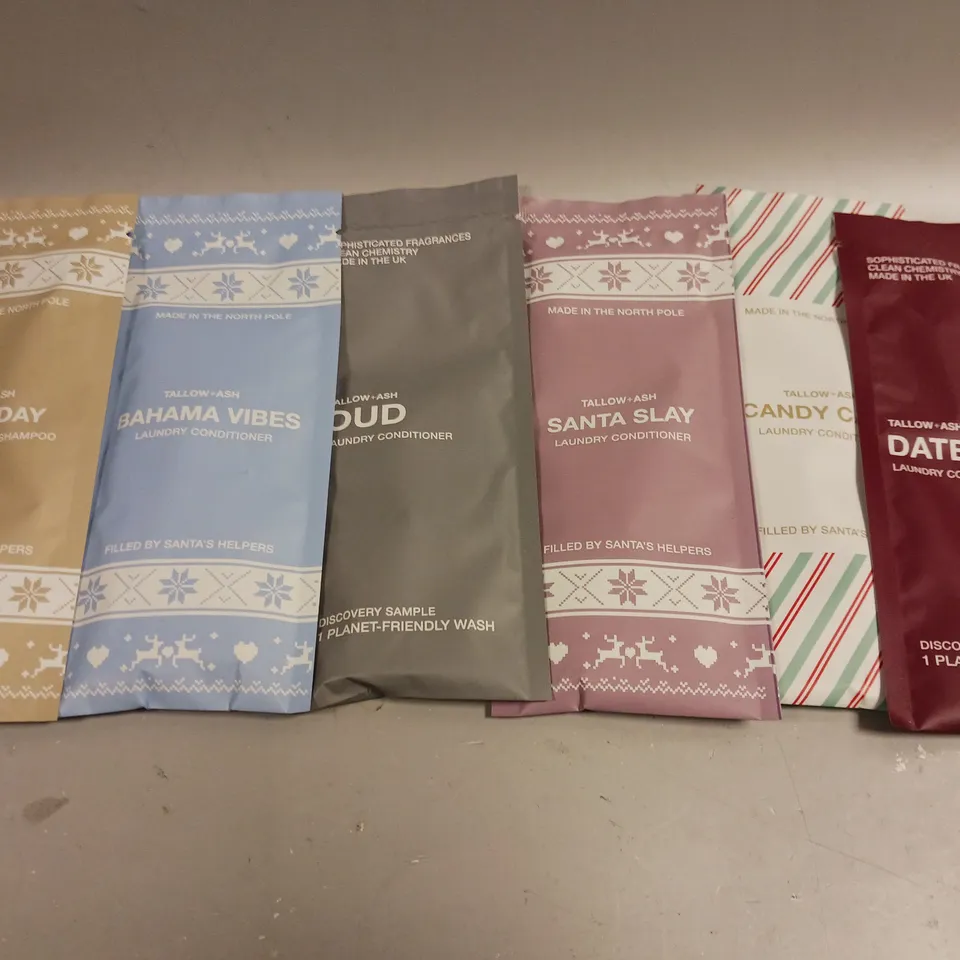 APPROXIMATELY 45 SACHETS OF TALLOW+ASH LAUNDRY CONDITIONER IN VARIOUS FRAGRANCES TO INCLUDE CANDY CANE, SANTA SLAY, OUD ETC  