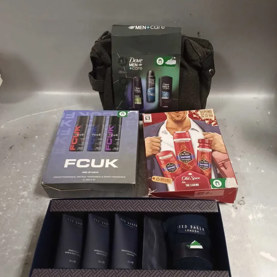 LOT OF 4 ASSORTED COSMETIC BOXSETS TO INCLUDE - DOVE MEN RESTORE WASHBAG ESSENTIALS - OLD SPICE BODY TRIO - FCUK FRAGRANCE TRIO - ETC