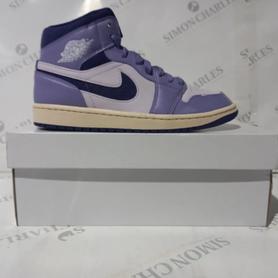 BOXED PAIR OF NIKE AIR JORDAN 1 MID SHOES IN PURPLE UK SIZE 6