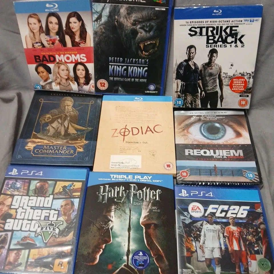 APPROXIMATELY 22 ASSORTED DVDS & GAMES TO INCLUDE PETER JACKSONS KING KONG (PS2), HARRY POTTER AND THE DEATHLY HALLOWS PART 2 (BLU-RAY), ZODIZ DIRECTORS CUT (BLU-RAY), ETC