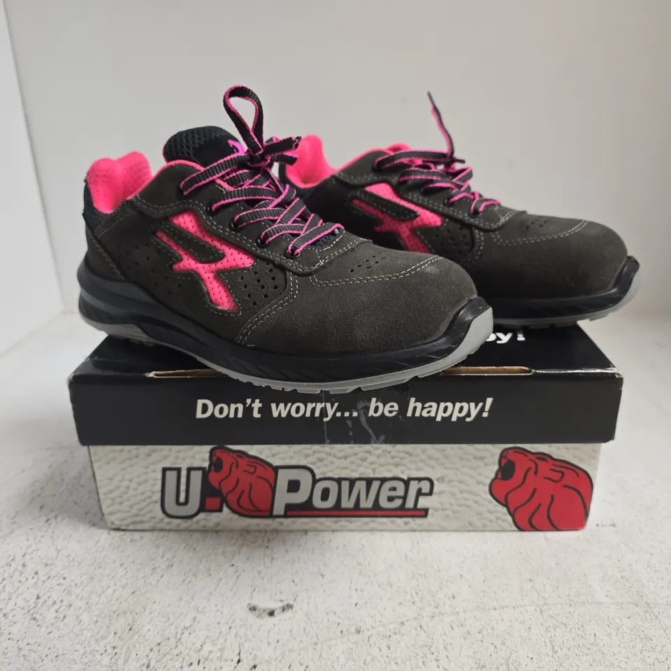 BOXED PAIR OF U.POWER SAFETY TRAINERS IN DEEP BROWN/PINK SIZE UK 5