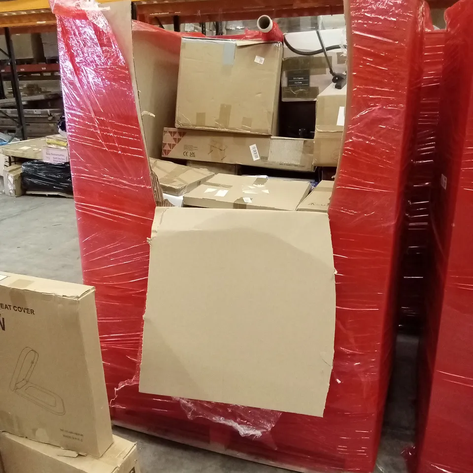 PALLET OF ASSORTED HOUSEHOLD GOODS AND PRODUCTS TO INCLUDE; COMPUTER DESK, CAT LITTER BOX, SEAT RISER, TOILET SEAT, OFFICE CHAIR ETC