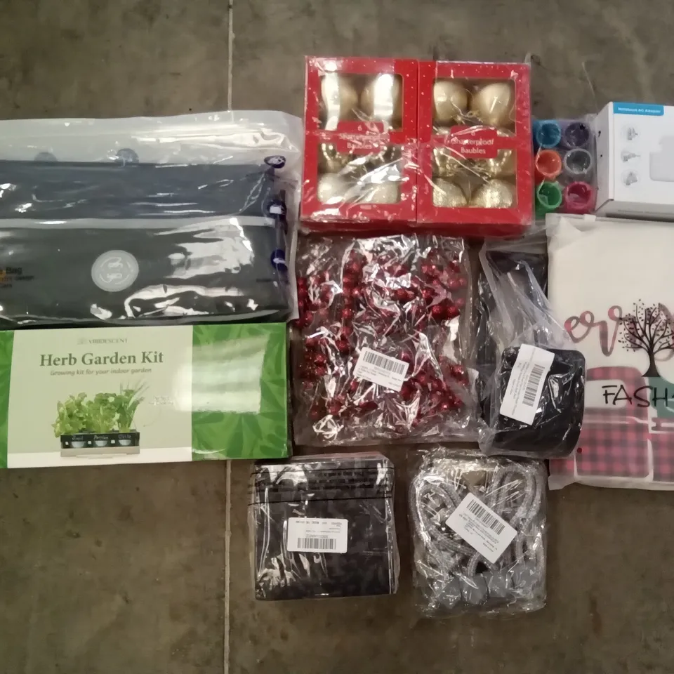 PALLET OF ASSORTED ITEMS INCLUDING HERB GARDEN KIT, WINE STOPPERS, 6 SHATTERPROOF BAUBLES, NOTEBOOK AC ADAPTER, HALLOWEEN NAPKINS, CURTAIN TIEBACKS