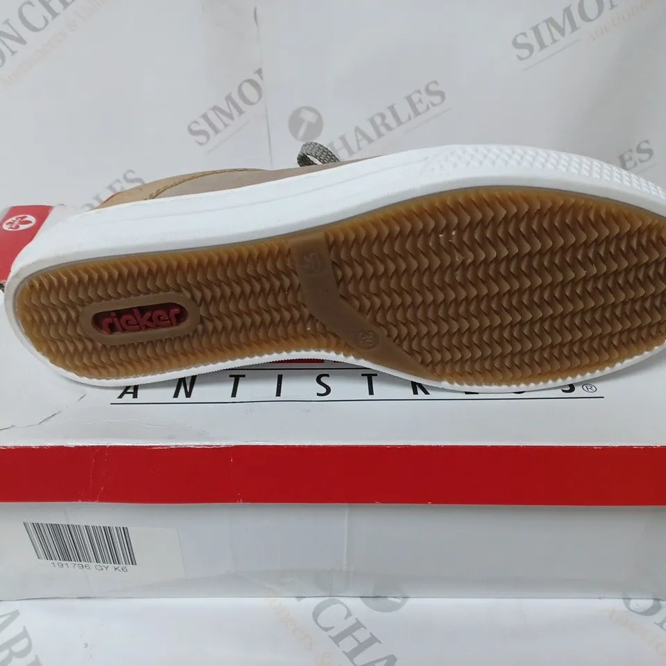 BOXED PAIR OF RIEKER SIDE ZIP 2 TRAINERS GREY SIZE 6