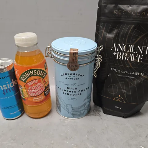 APPROXIMATELY 8 ASSORTED FOOD & DRINK ITEMS TO INCLUDE - ROBINSONS ORANGE & MANGO , CARTWRIGHT MILK CHOCOLATE CHUNKY BUSCUITS ETC