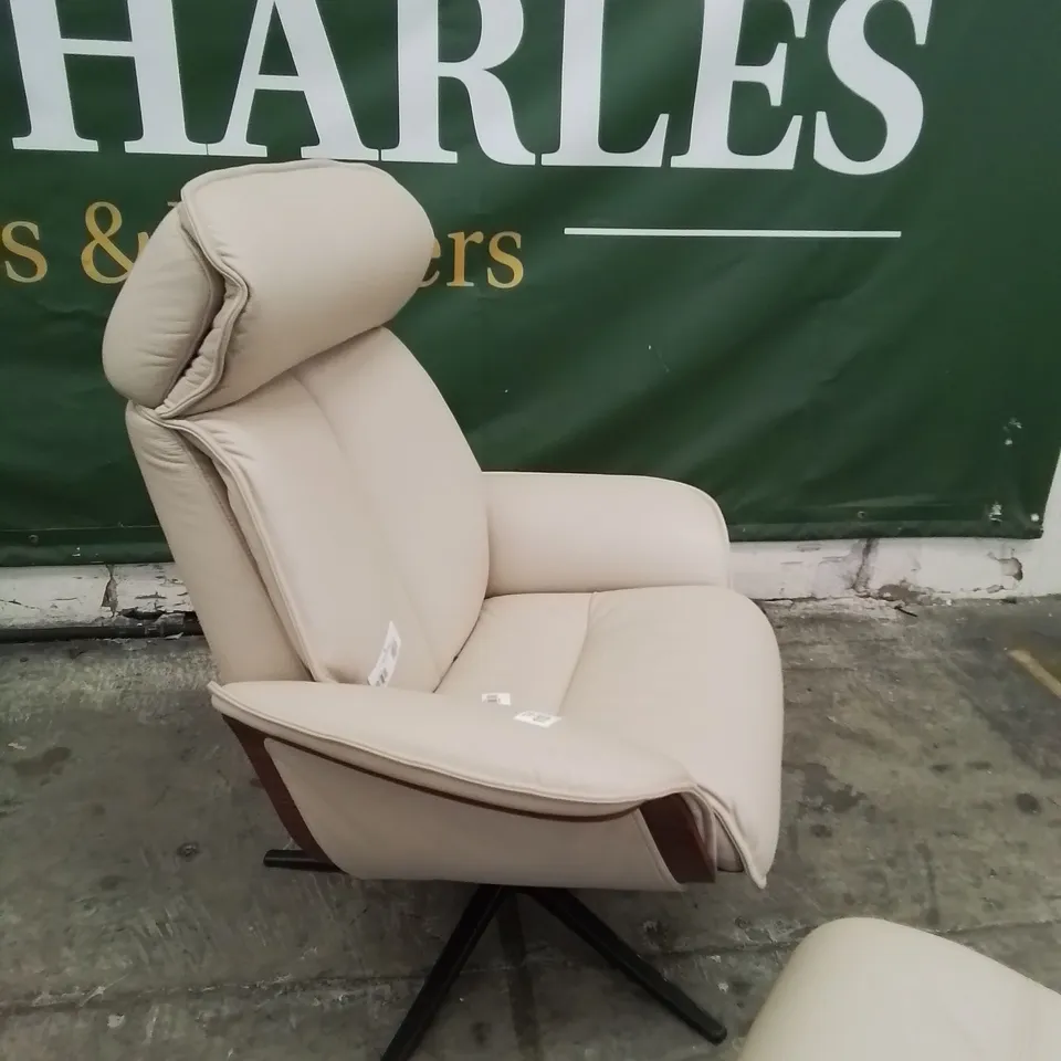 QUALITY BRITISH DESIGNER & MANUFACTURED G PLAN LUND MANUAL RECLINING SWIVEL CHAIR & FOOTSTOOL CAMBRIDGE STONE LEATHER