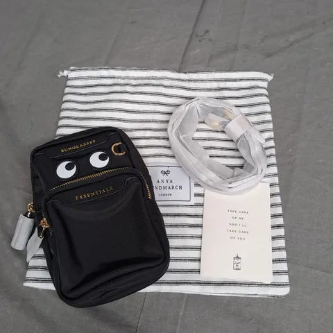 ANYA HINDMARCH EYES ESSENTIALS CROSSBODY POUCH IN BLACK WITH GOLD DETAILS