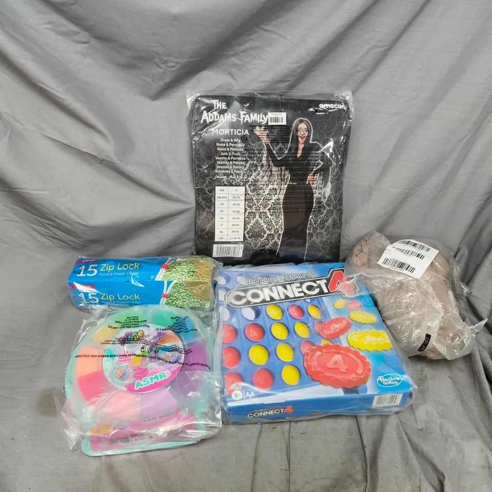 APPROXIMATELY 15 ASSORTED ITEMS TO INCLUDE ADDAMS AFMILY MORTICIA COSTUME, CONNECT 4, ZIP LOCK FREEZER BAGS, ETC