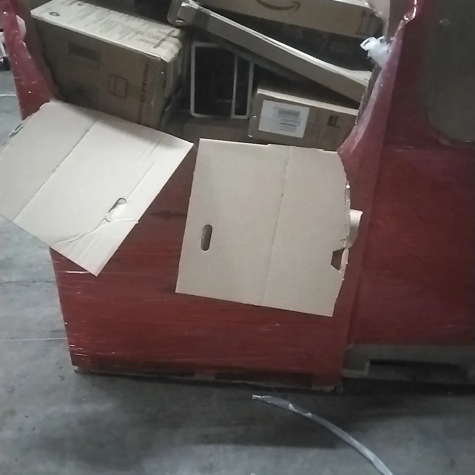 A PALLET CONTAINING ASSORTED HOUSEHOLD GOODS AND PRODUCTS TO INCLUDE; POP UP TENT, AIR COOLERS, BOXED FURNITURE ETC