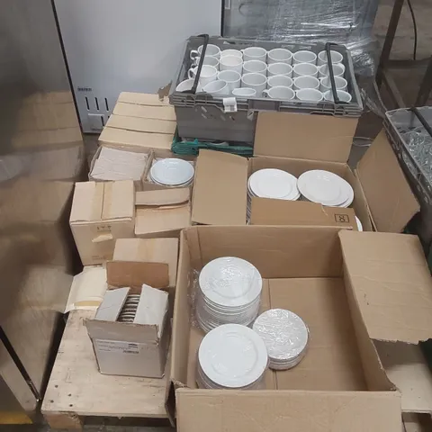 PALLET CONTAINING A VERY LARGE QUANTITY OF WHITE CUPS AND SAUCERS, WHITE SIDE PLATES, WHITE STACKING TEA CUPS AND WHITE SAUCERS