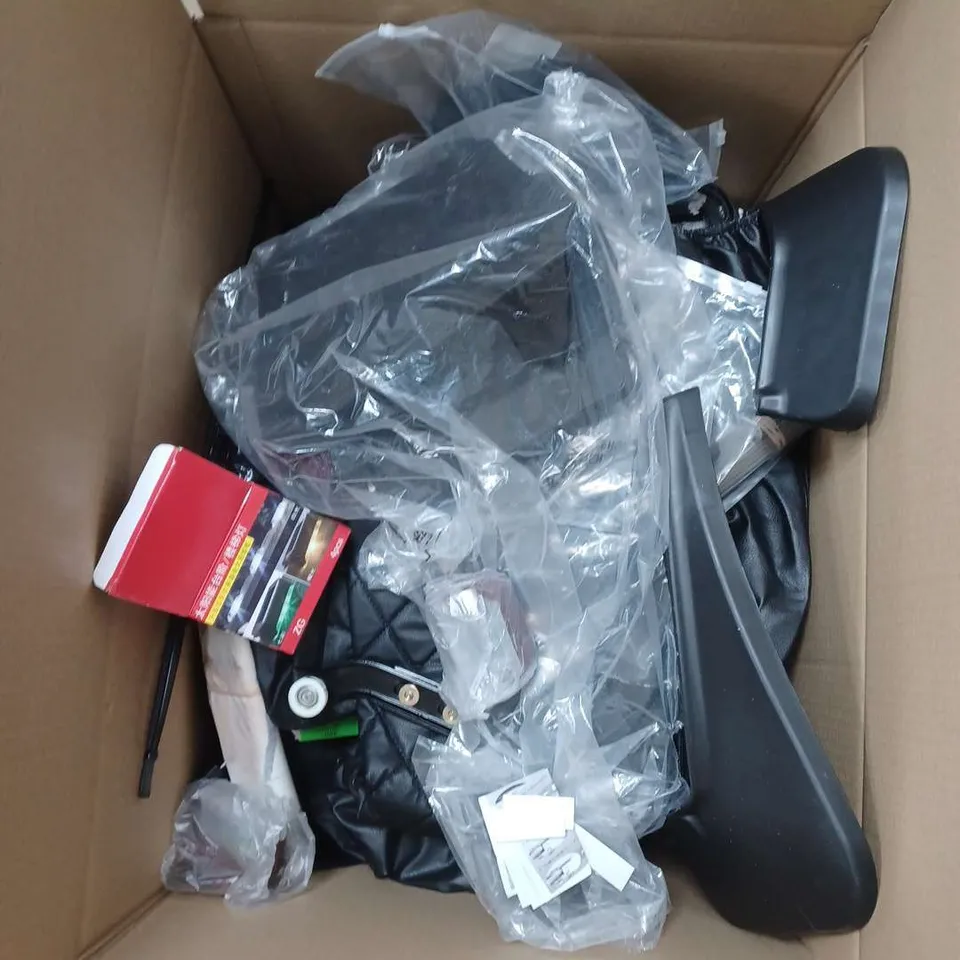 LARGE BOX OF ASSORTED CAR ITEMS TO INCLUDE - AIR FILTERS - BIKE STAND - CARBON WRAP / COLLECTION ONLY 