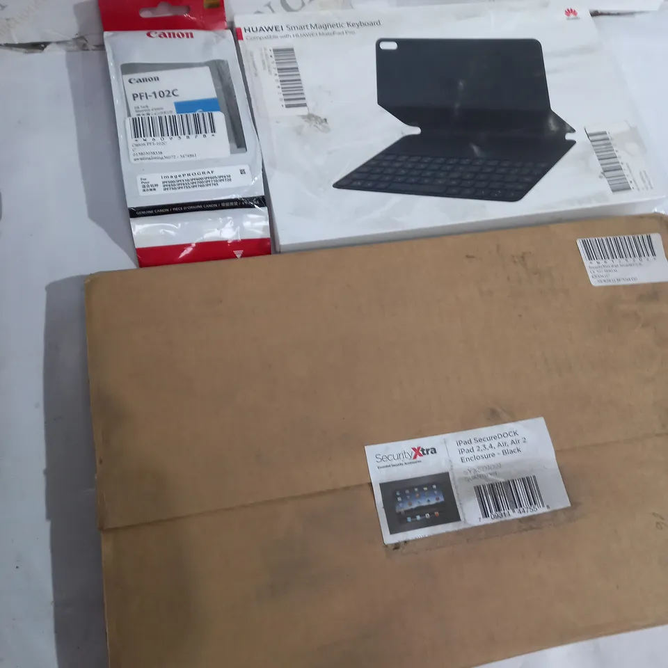 BOX OF ASSORTED ICT ITEMS TO INCLUDE HUAWEI KEYBOARD, CANON PFI-102C, IPAD SECUREDOCK ETC