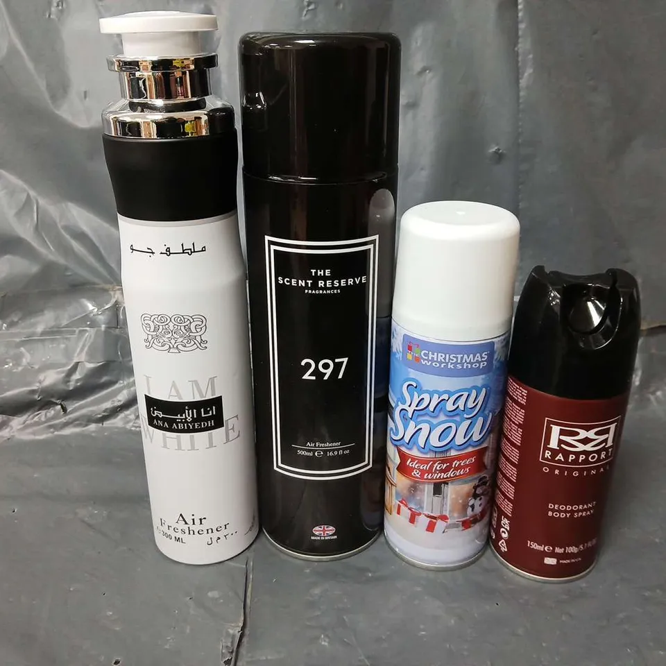 APPROXIMATELY 18 ASSORTED AEROSOLS TO INCLUDE THE SCENT RESERVE 297 AIR FRESHENER, SNOW SPRAY, RAPPORT BODY SPRAY, ETC - COLLECTION ONLY