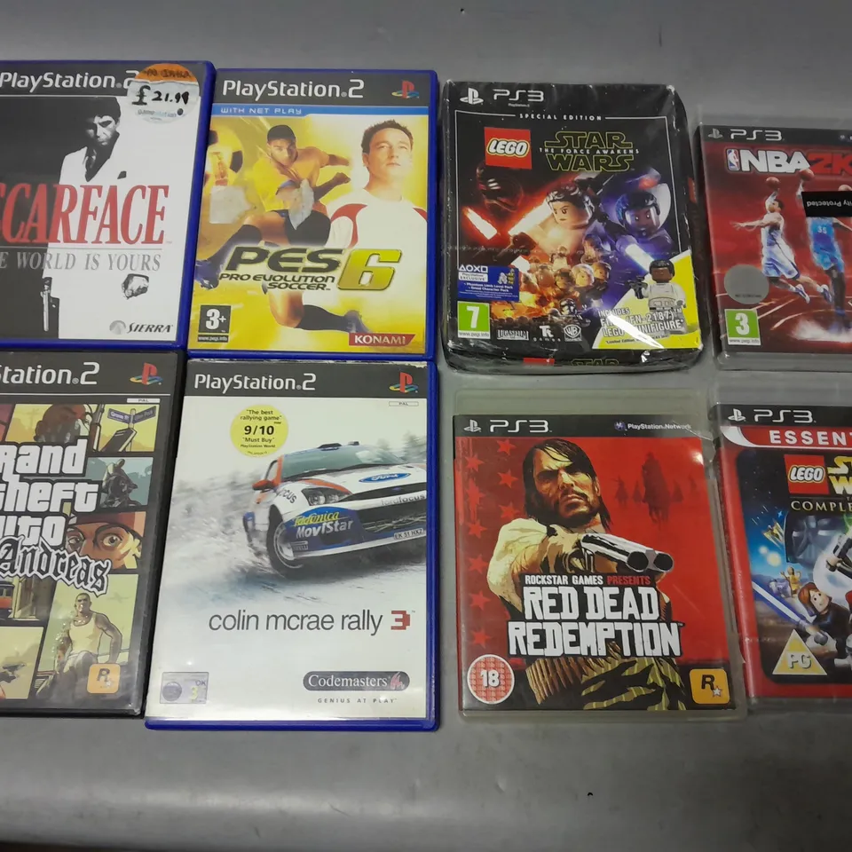 APPROXIMATELY 10 ASSORTED VIDEO GAMES FOR VARIOUS CONSOLES TO INCLUDE - PS3 RED DEAD REDEMPTION - PLAYSTATION 2 SCARFACE - PS3 LEGO STAR WARS THE FORCE AWAKENS - ETC