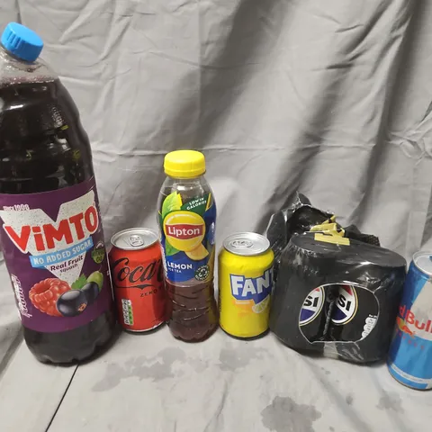 APPROXIMATELY 12 ASSORTED DRINK ITEMS TO INCLUDE RED BULL SUGAR FREE, VIMTO REAL FRUIT SQUASH, FANTA LEMON, ETC - COLLECTION ONLY